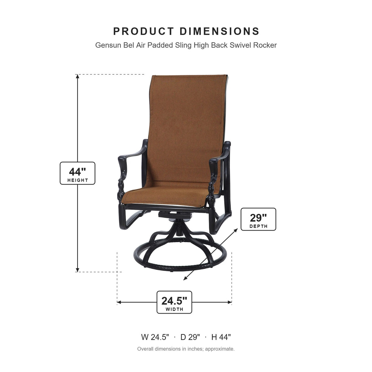 Gensun Bel Air Padded Sling High Back Swivel Rocker dimensions: 24.5 in W x 29 in D x 44 in H
