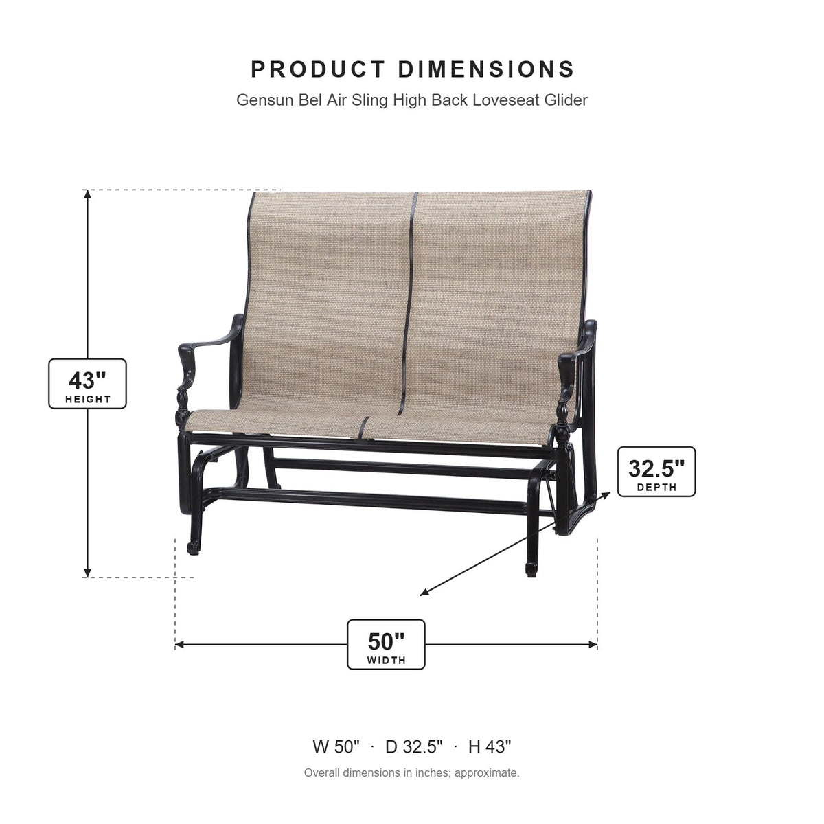 Gensun Bel Air Sling High Back Loveseat Glider dimensions: 50 in W x 32.5 in D x 43 in H