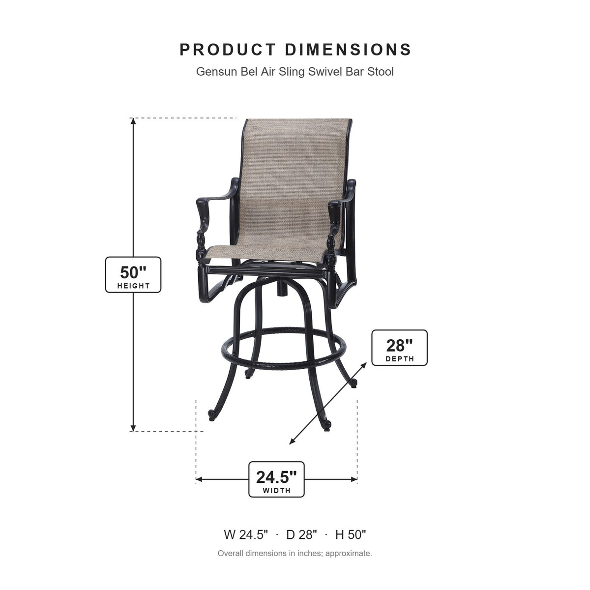 Gensun Bel Air Sling Swivel Bar Stool dimensions: 24.5 in W x 28 in D x 50 in H