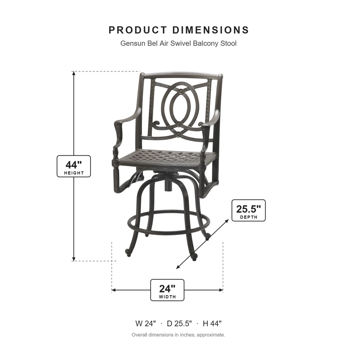 Gensun Bel Air Swivel Balcony Stool dimensions: 24 in W x 25.5 in D x 44 in H