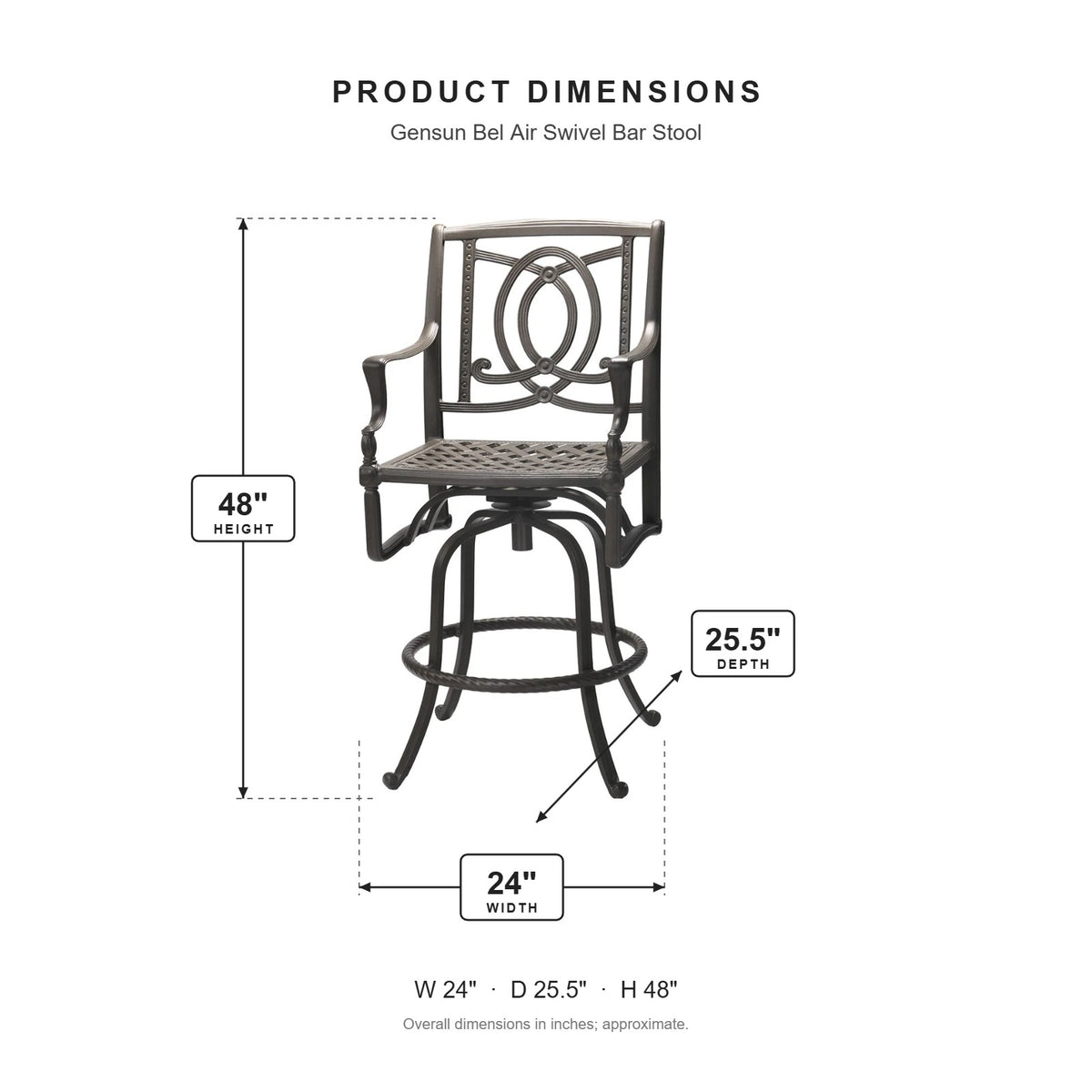 Gensun Bel Air Swivel Bar Stool dimensions: 24 in W x 25.5 in D x 48 in H