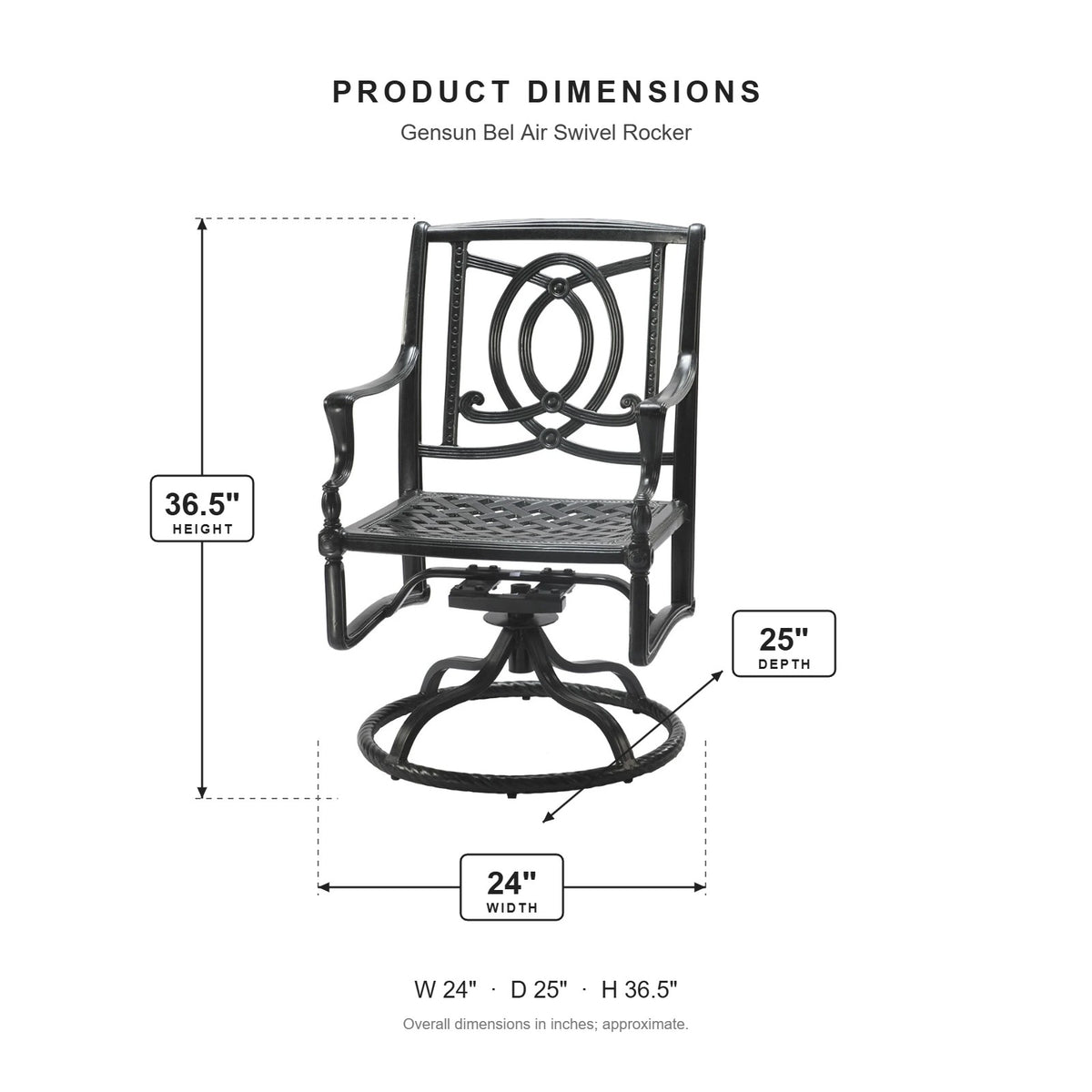 Gensun Bel Air Swivel Rocker dimensions: 24 in W x 25 in D x 36.5 in H