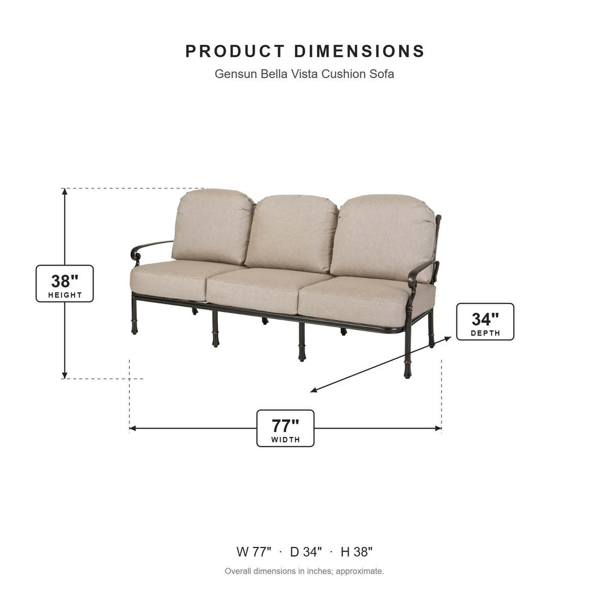 Gensun Bella Vista Cushion Sofa dimensions: 77 in W x 34 in D x 38 in H