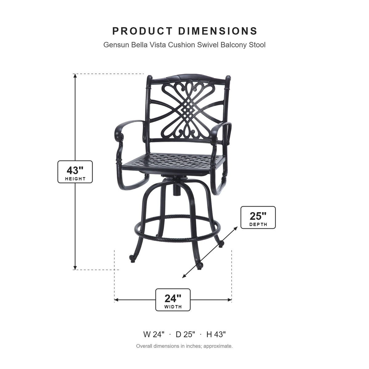 Gensun Bella Vista Cushion Swivel Balcony Stool dimensions: 24 in W x 25 in D x 43 in H