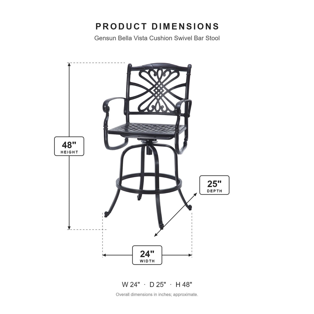 Gensun Bella Vista Cushion Swivel Bar Stool dimensions: 24 in W x 25 in D x 48 in H
