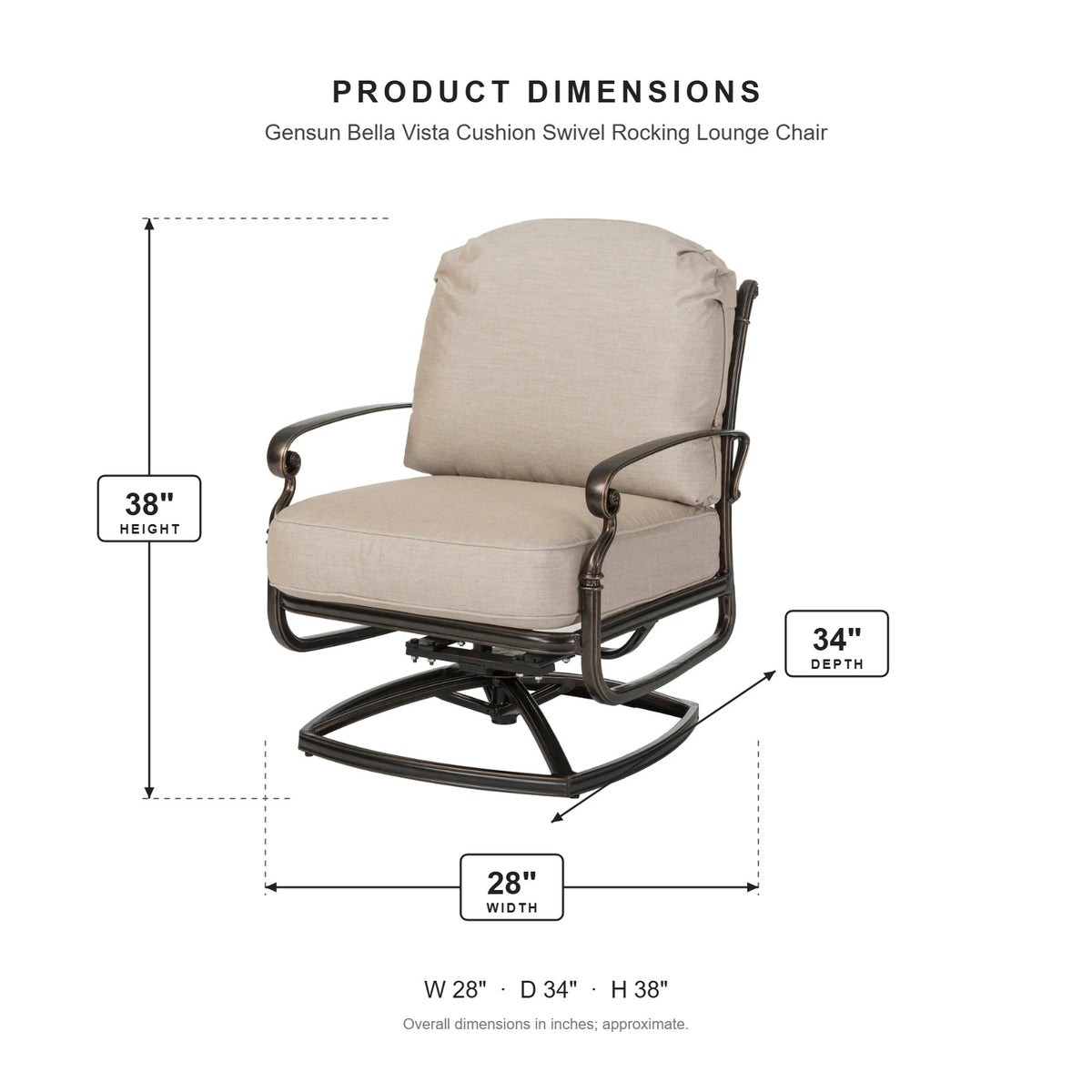 Gensun Bella Vista Cushion Swivel Rocking Lounge Chair dimensions: 28 in W x 34 in D x 38 in H