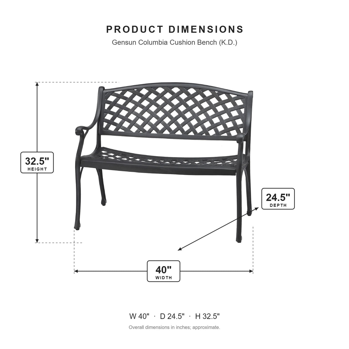 Gensun Columbia Cushion Bench (K.D.) dimensions: 40 in W x 24.5 in D x 32.5 in H