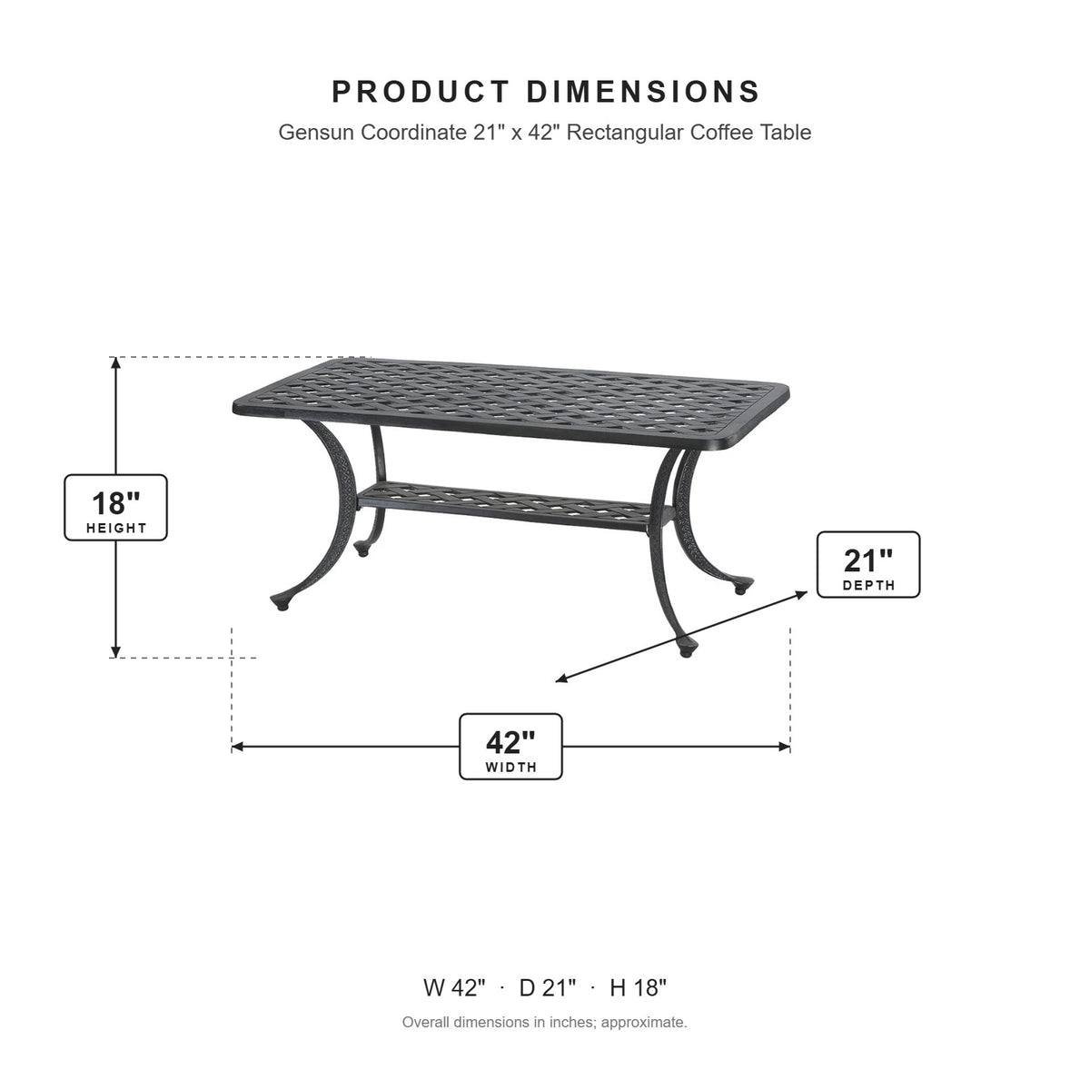 Gensun Coordinate 21" x 42" Rectangular Coffee Table dimensions: 42 in W x 21 in D x 18 in H