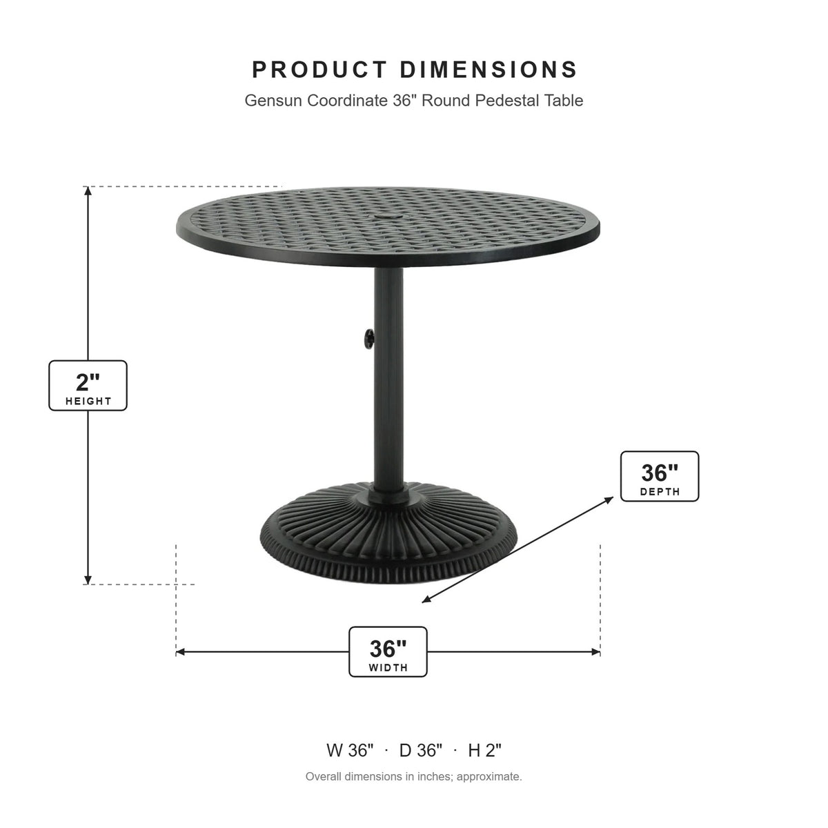 Gensun Coordinate 36" Round Pedestal Table dimensions: 36 in W x 36 in D x 2 in H