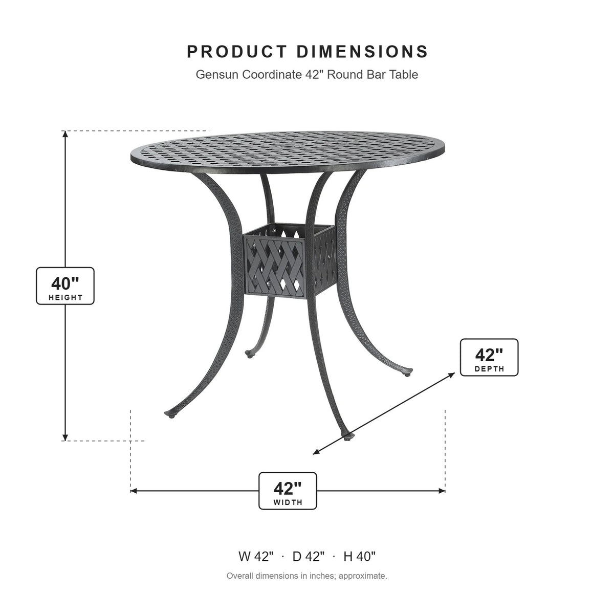 Gensun Coordinate 42" Round Bar Table dimensions: 42 in W x 42 in D x 40 in H