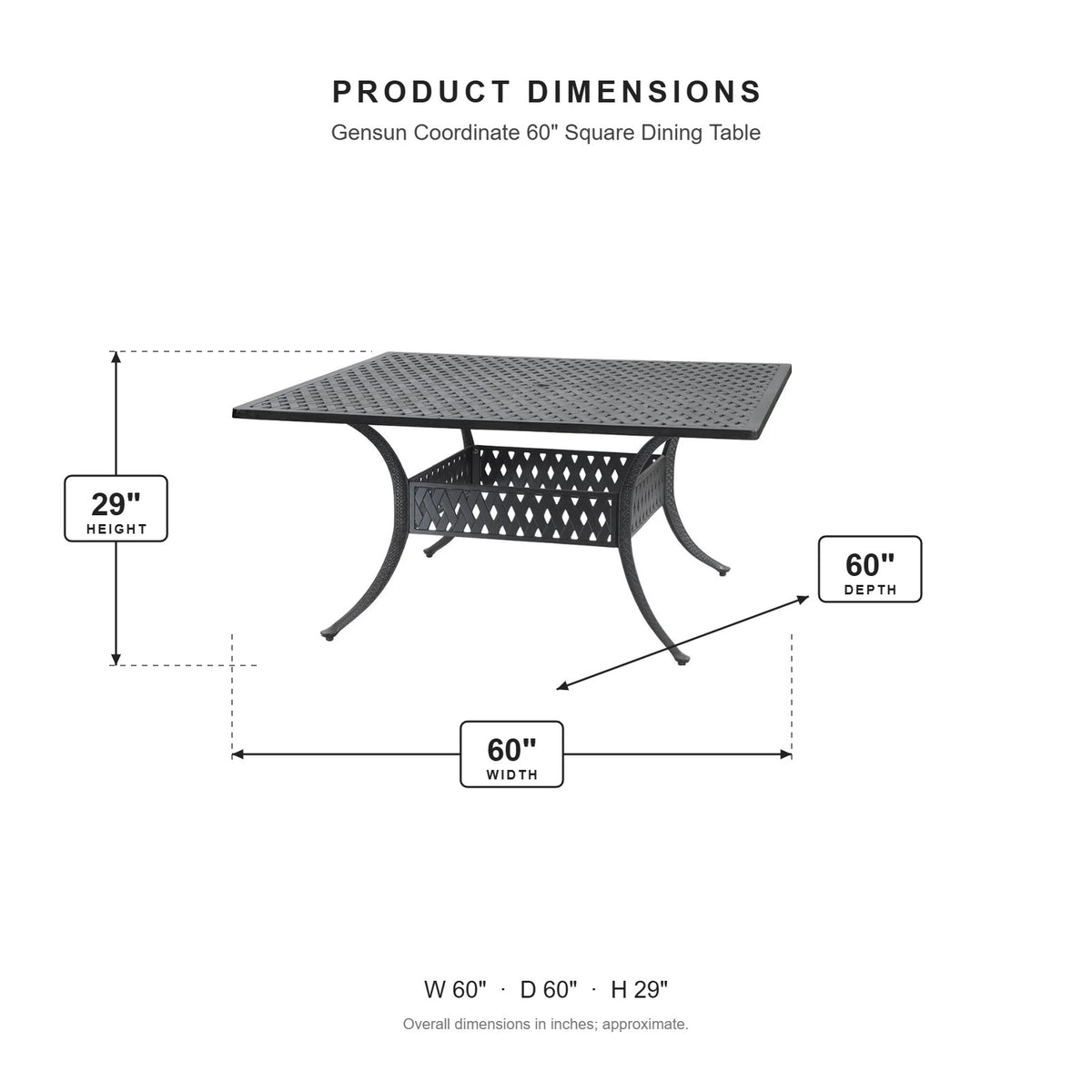 Gensun Coordinate 60" Square Dining Table dimensions: 60 in W x 60 in D x 29 in H