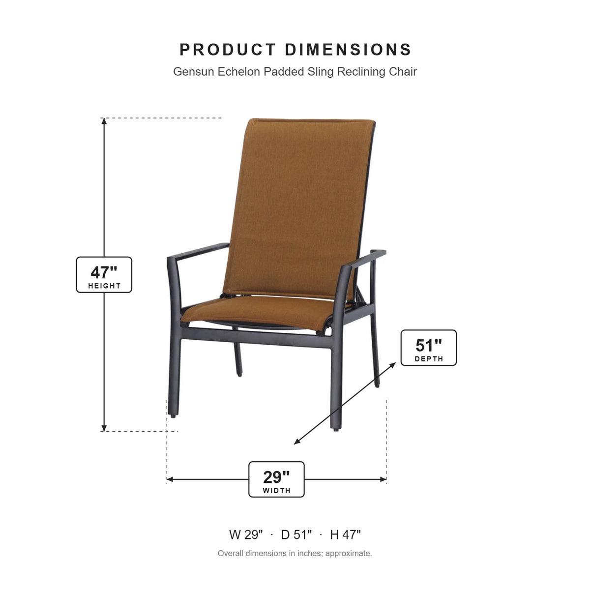 Gensun Echelon Padded Sling Reclining Chair dimensions: 29 in W x 51 in D x 47 in H