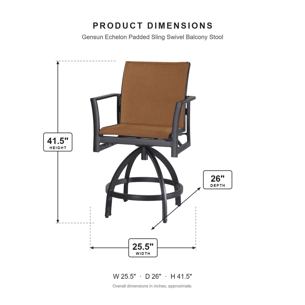 Gensun Echelon Padded Sling Swivel Balcony Stool dimensions: 25.5 in W x 26 in D x 41.5 in H