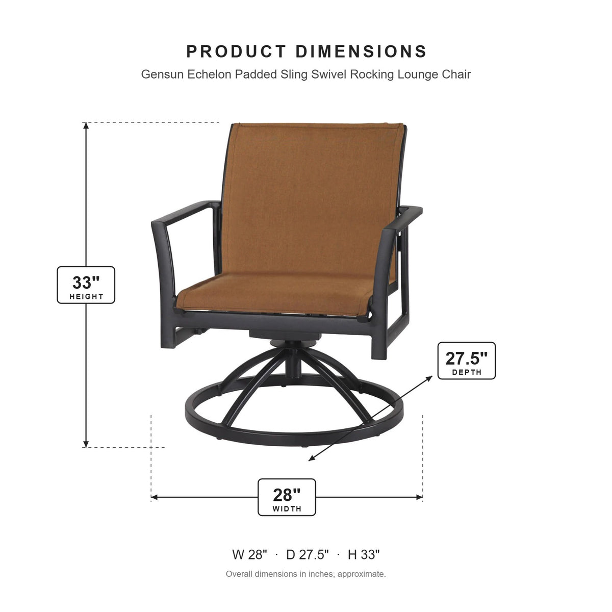 Gensun Echelon Padded Sling Swivel Rocking Lounge Chair dimensions: 28 in W x 27.5 in D x 33 in H