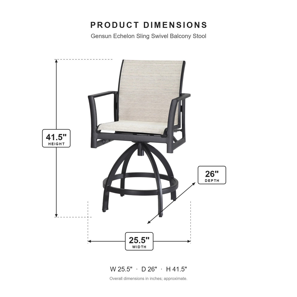 Gensun Echelon Sling Swivel Balcony Stool dimensions: 25.5 in W x 26 in D x 41.5 in H
