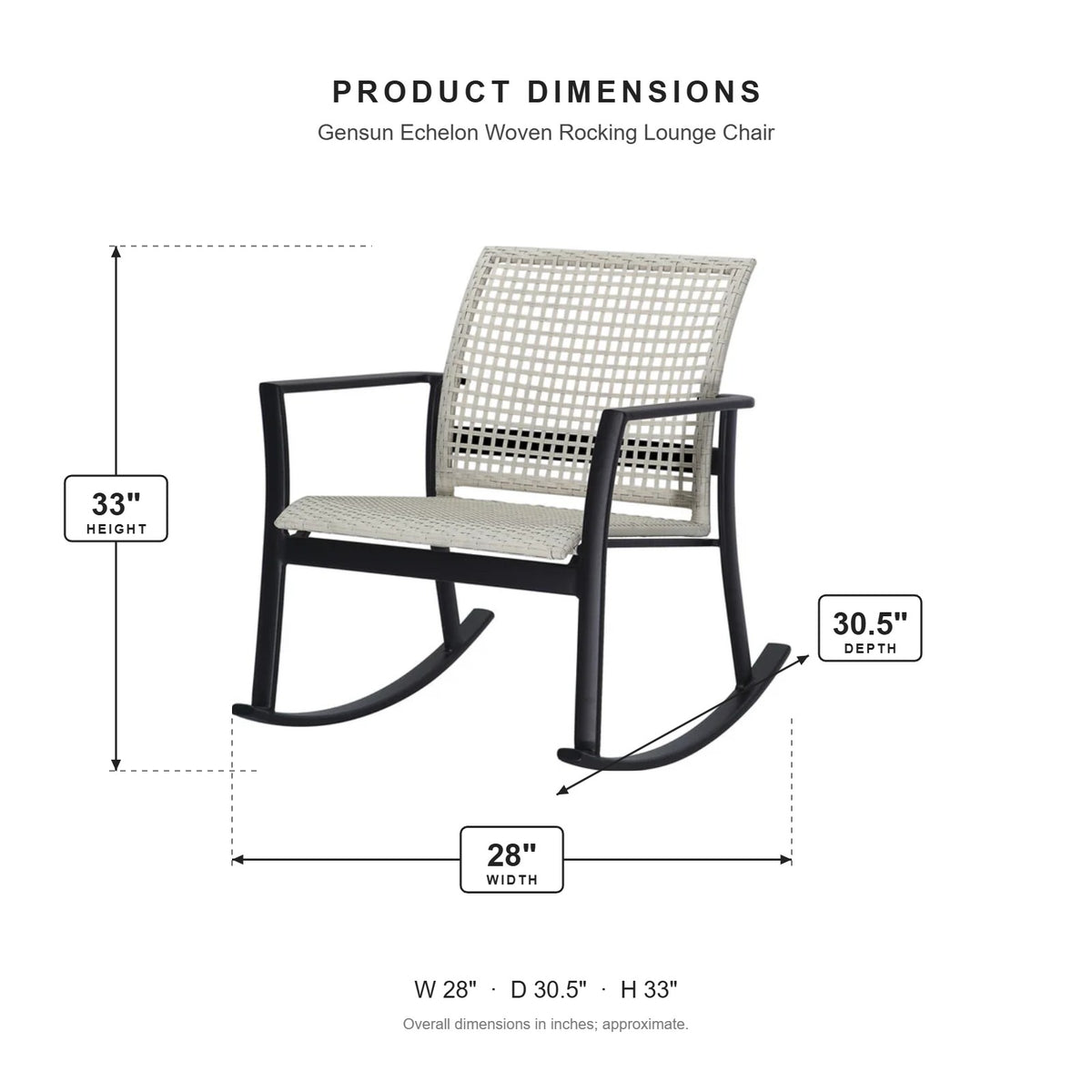 Gensun Echelon Woven Rocking Lounge Chair dimensions: 28 in W x 30.5 in D x 33 in H