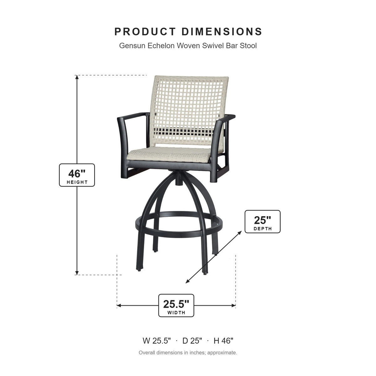 Gensun Echelon Woven Swivel Bar Stool dimensions: 25.5 in W x 25 in D x 46 in H