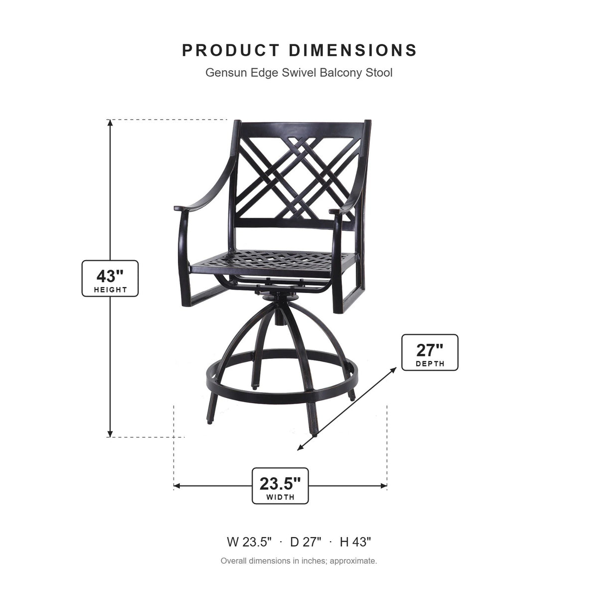 Gensun Edge Swivel Balcony Stool dimensions: 23.5 in W x 27 in D x 43 in H
