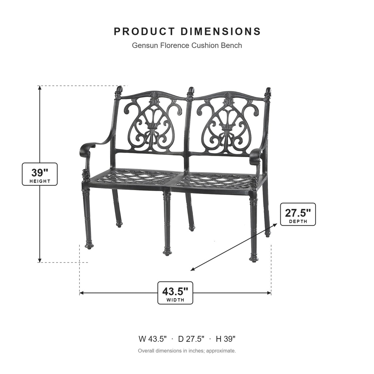 Gensun Florence Cushion Bench dimensions: 43.5 in W x 27.5 in D x 39 in H