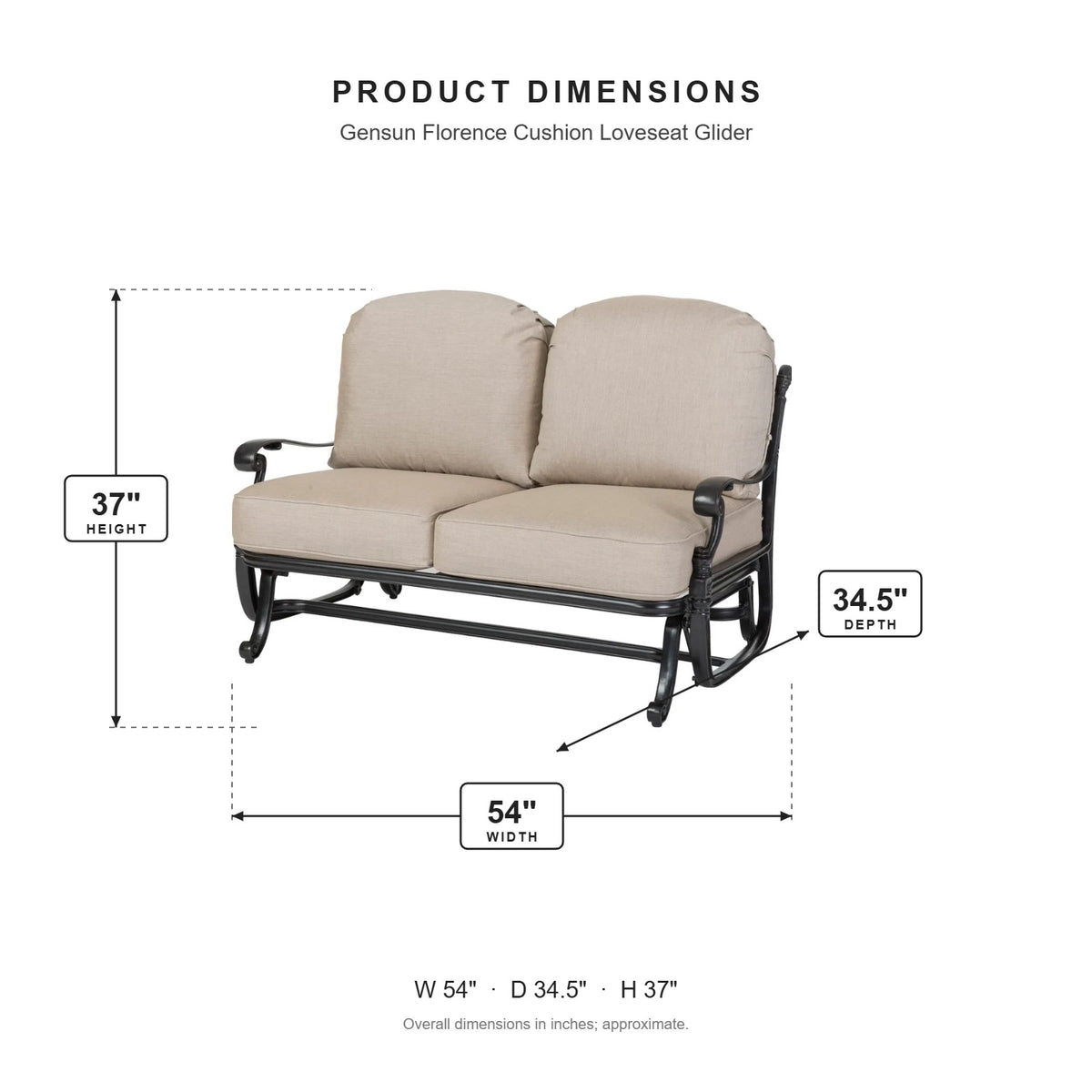 Gensun Florence Cushion Loveseat Glider dimensions: 54 in W x 34.5 in D x 37 in H