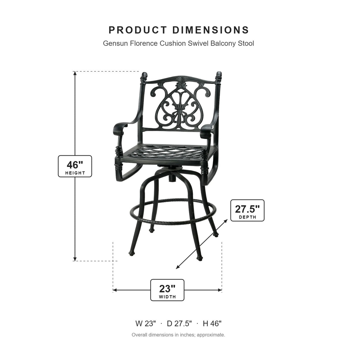 Gensun Florence Cushion Swivel Balcony Stool dimensions: 23 in W x 27.5 in D x 46 in H