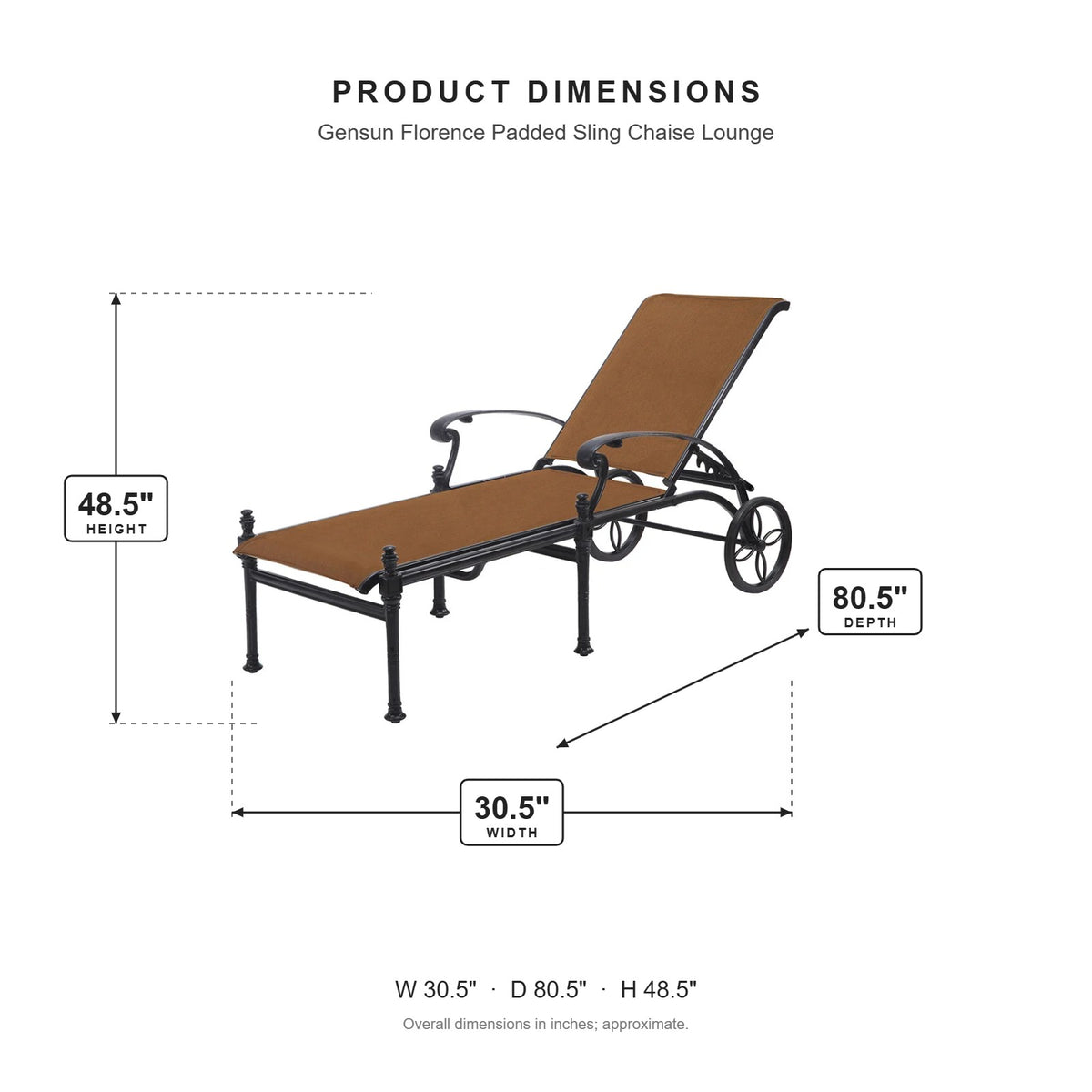 Gensun Florence Padded Sling Chaise Lounge dimensions: 30.5 in W x 80.5 in D x 48.5 in H