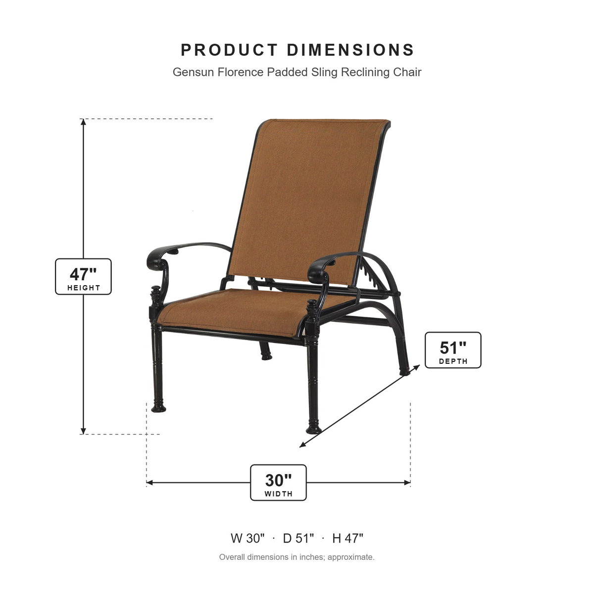 Gensun Florence Padded Sling Reclining Chair dimensions: 30 in W x 51 in D x 47 in H