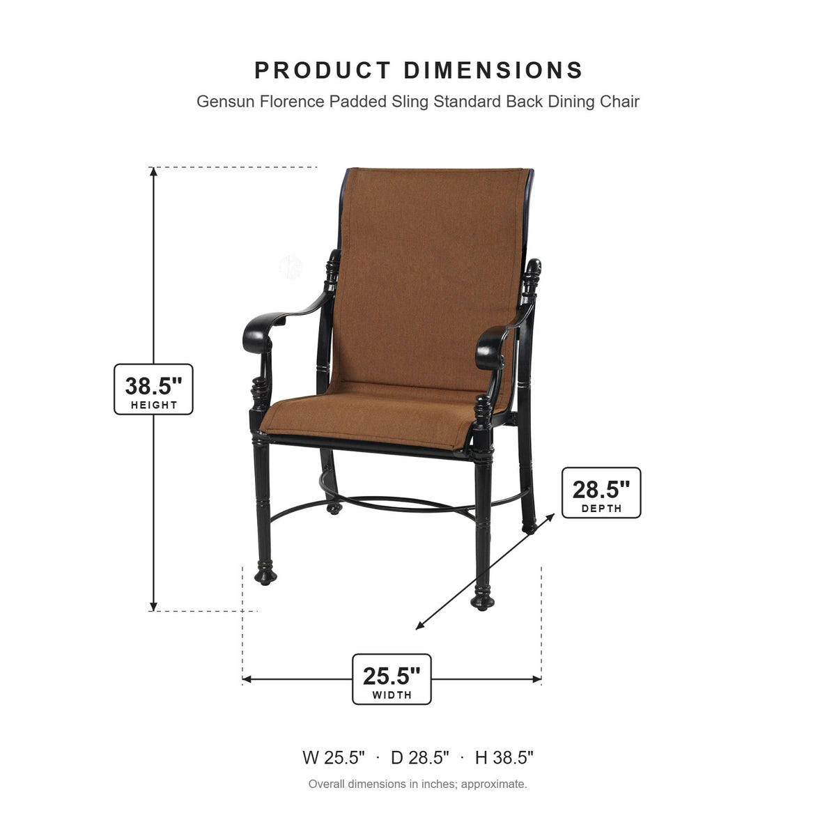 Gensun Florence Padded Sling Standard Back Dining Chair dimensions: 25.5 in W x 28.5 in D x 38.5 in H