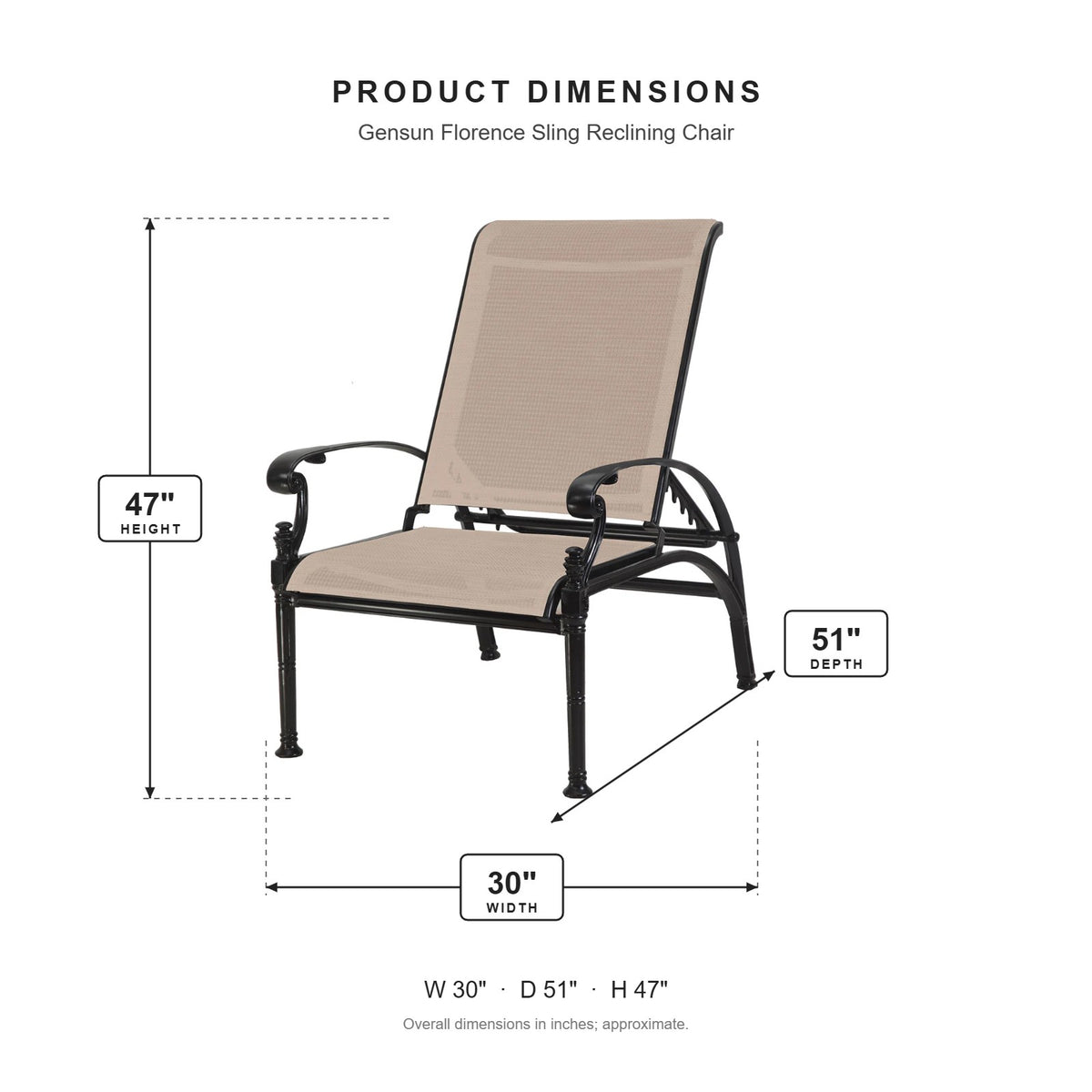 Gensun Florence Sling Reclining Chair dimensions: 30 in W x 51 in D x 47 in H