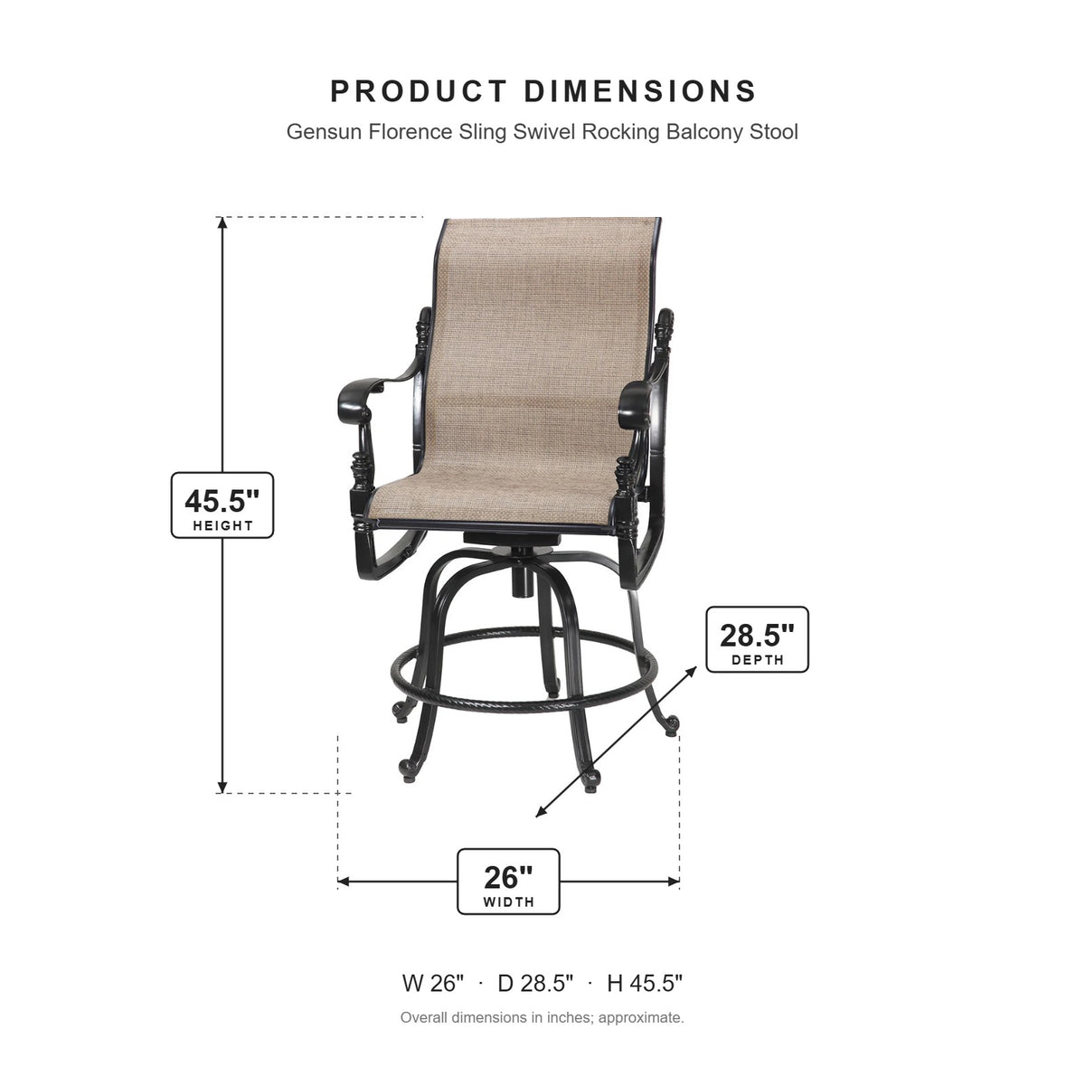 Gensun Florence Sling Swivel Rocking Balcony Stool dimensions: 26 in W x 28.5 in D x 45.5 in H