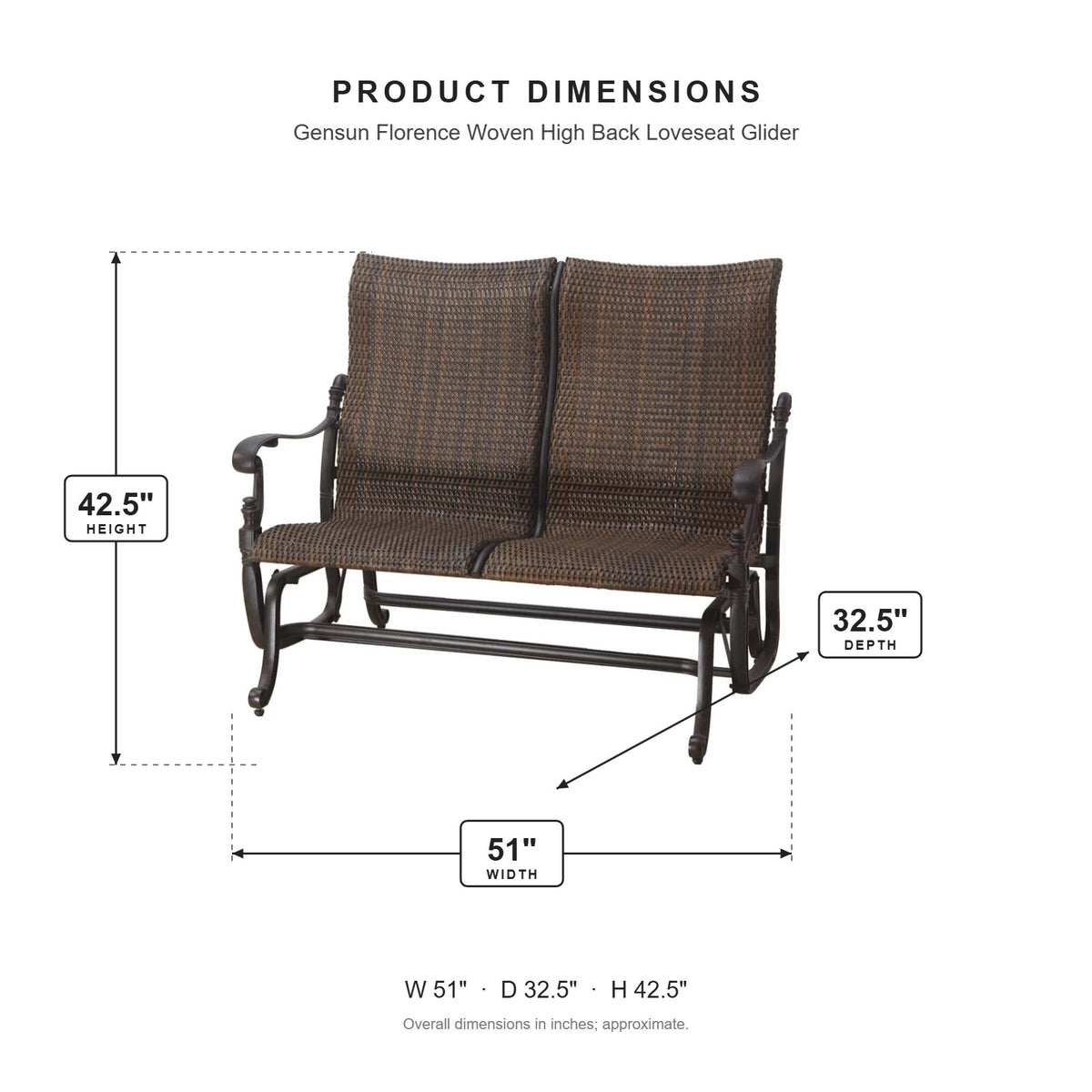 Gensun Florence Woven High Back Loveseat Glider dimensions: 51 in W x 32.5 in D x 42.5 in H