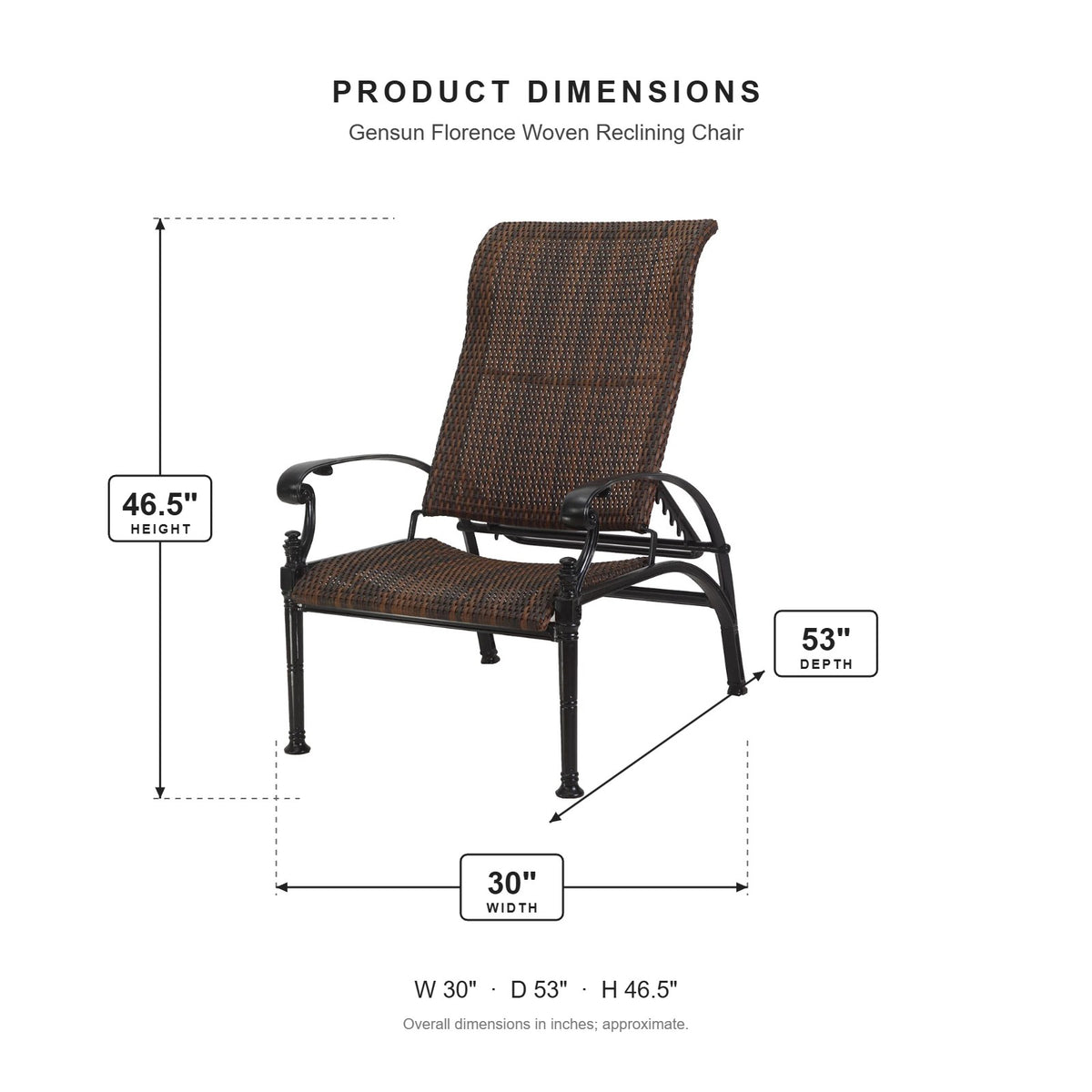 Gensun Florence Woven Reclining Chair dimensions: 30 in W x 53 in D x 46.5 in H