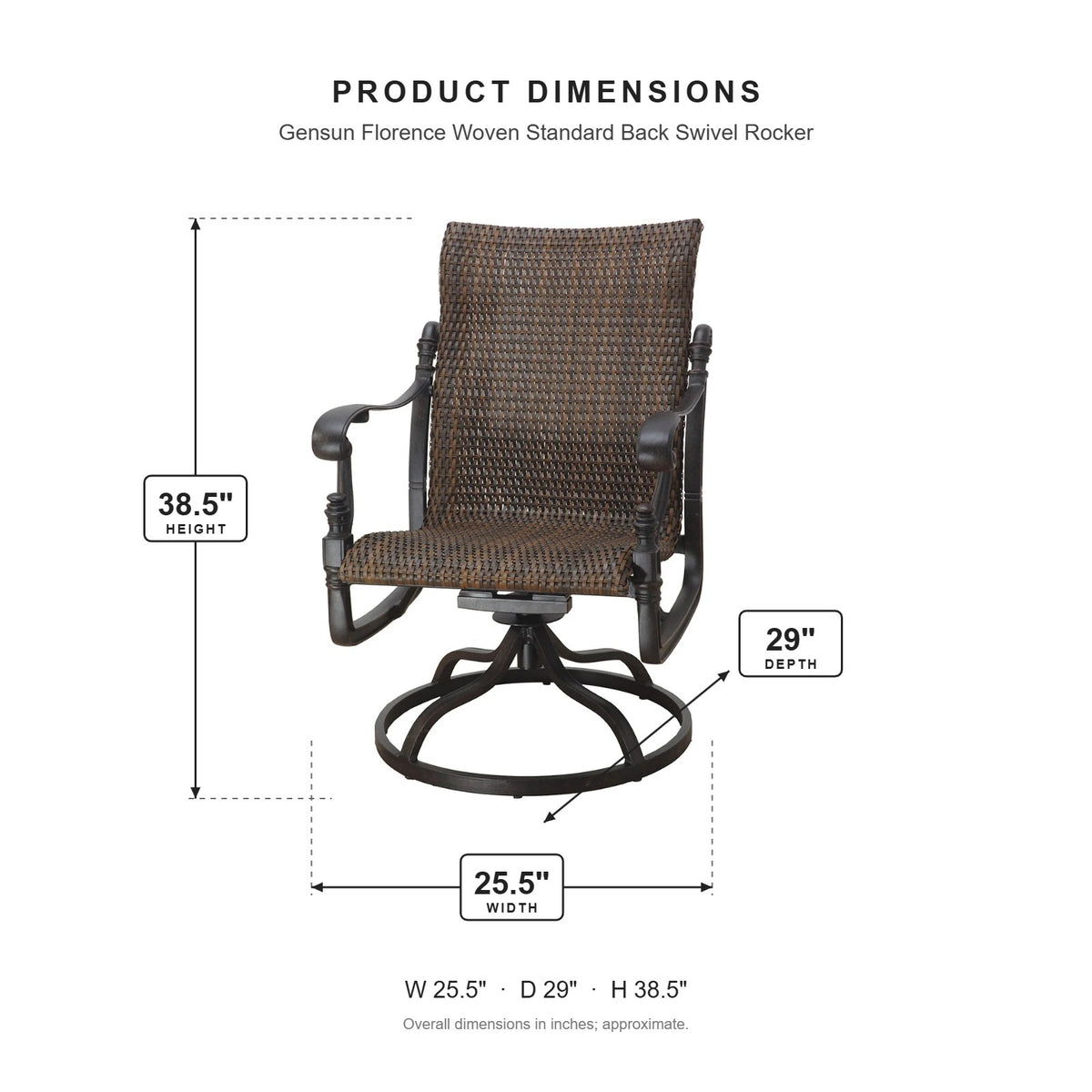 Gensun Florence Woven Standard Back Swivel Rocker dimensions: 25.5 in W x 29 in D x 38.5 in H