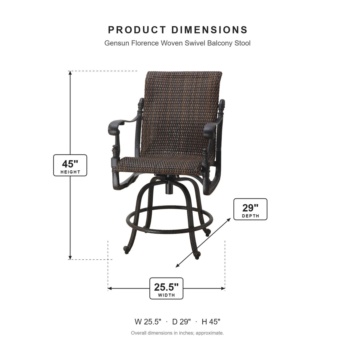 Gensun Florence Woven Swivel Balcony Stool dimensions: 25.5 in W x 29 in D x 45 in H