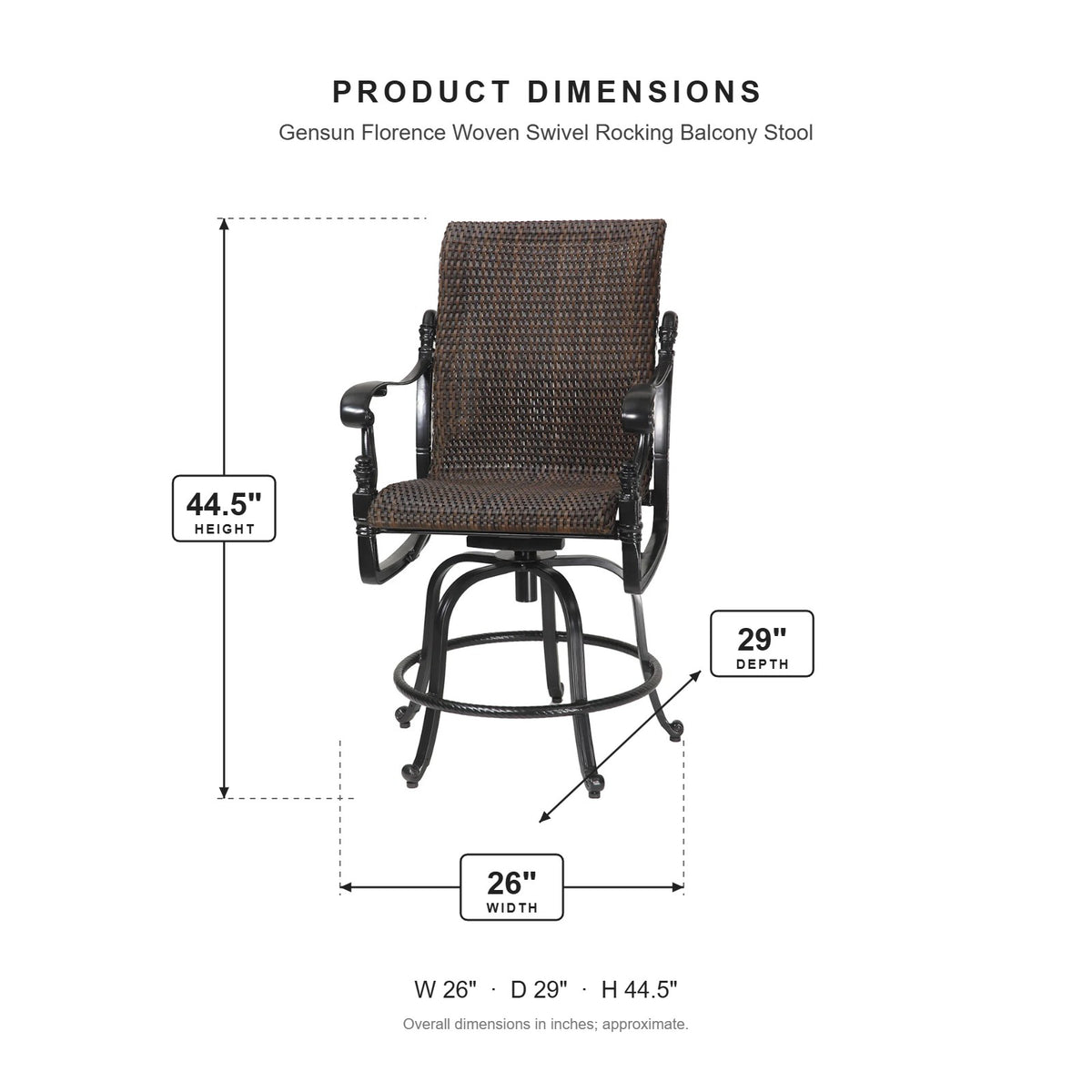 Gensun Florence Woven Swivel Rocking Balcony Stool dimensions: 26 in W x 29 in D x 44.5 in H
