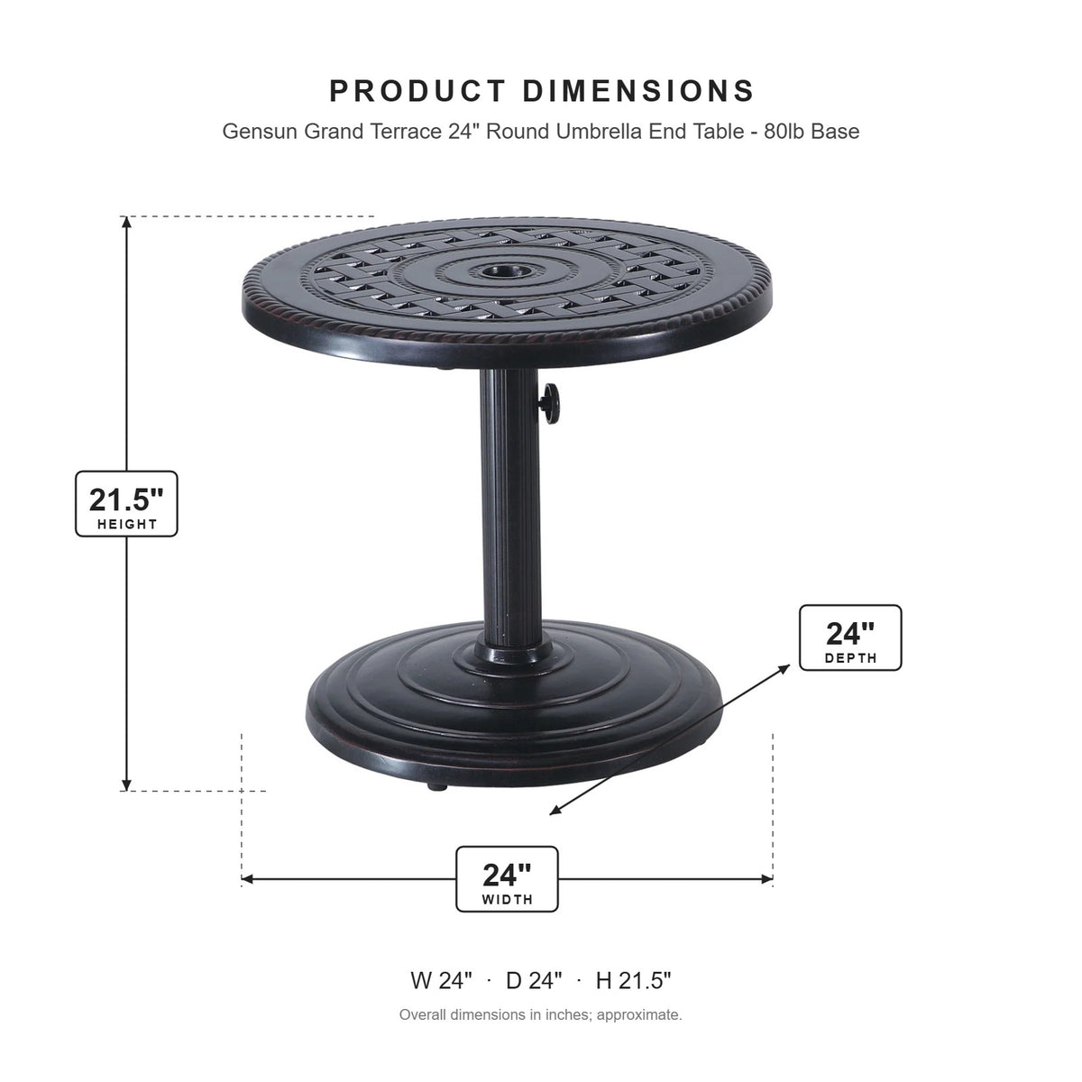 Gensun Grand Terrace 24" Round Umbrella End Table - 80lb Base dimensions: 24 in W x 24 in D x 21.5 in H