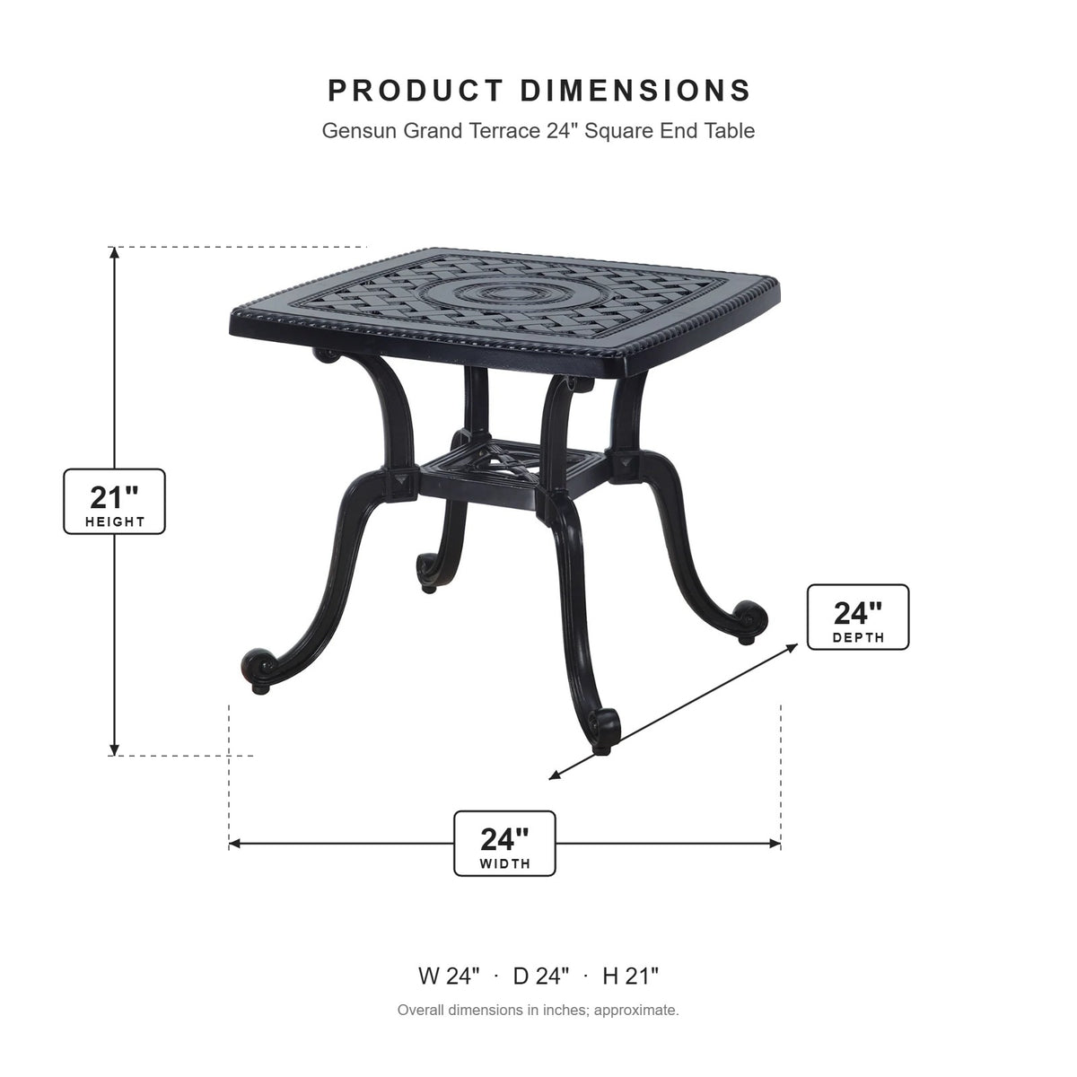 Gensun Grand Terrace 24" Square End Table dimensions: 24 in W x 24 in D x 21 in H