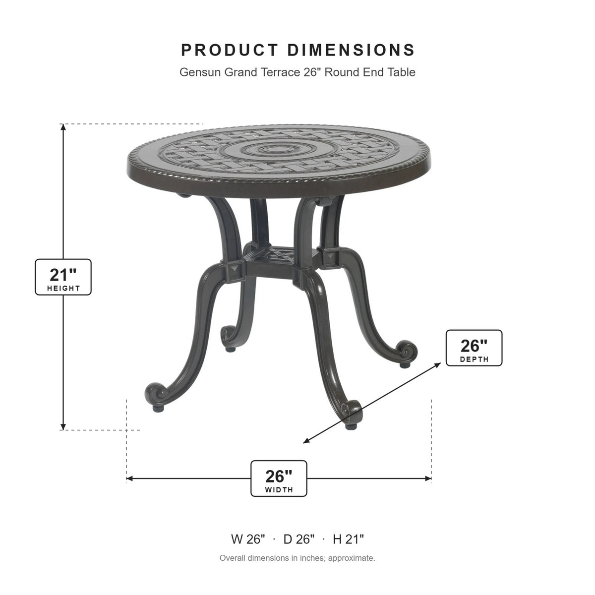 Gensun Grand Terrace 26" Round End Table dimensions: 26 in W x 26 in D x 21 in H