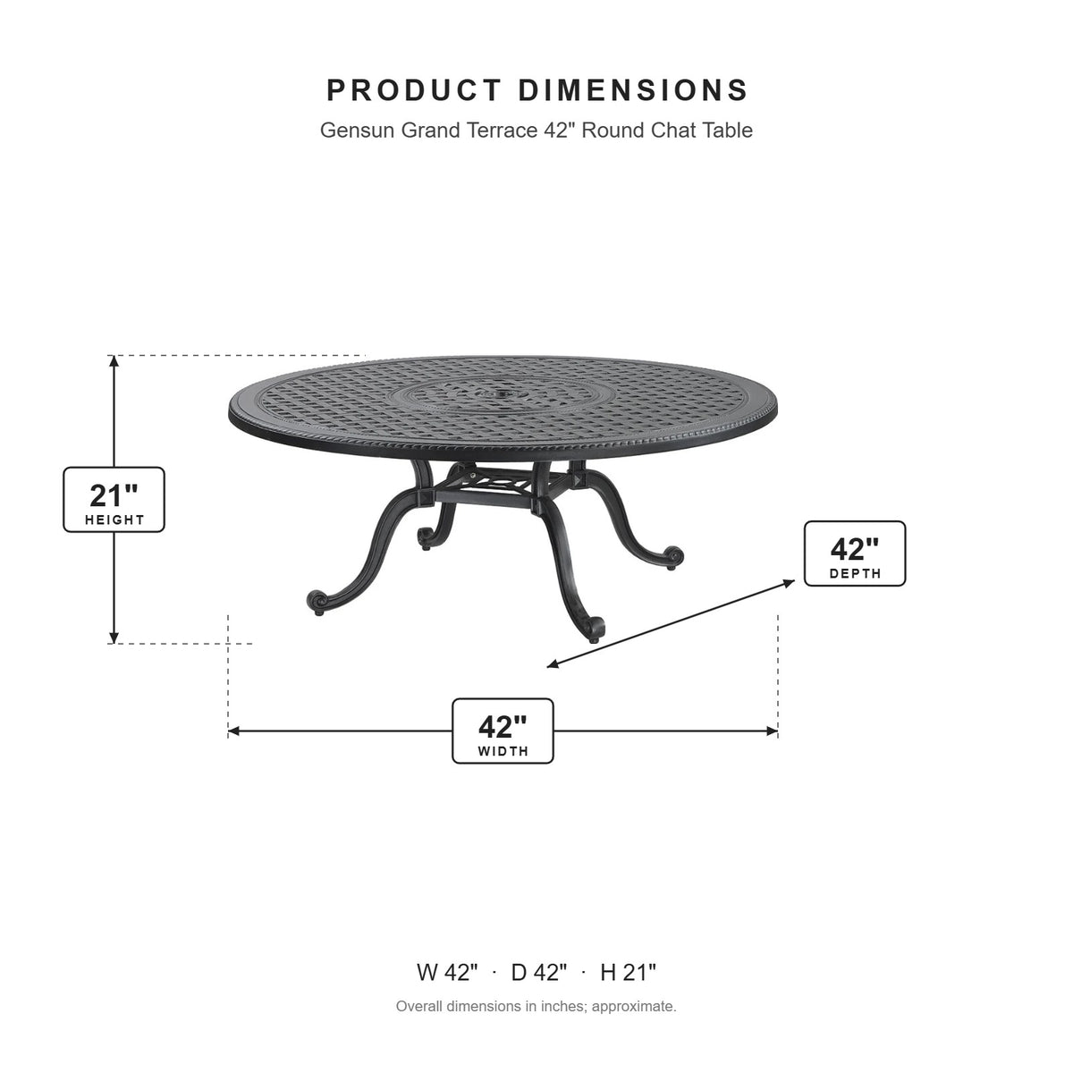 Gensun Grand Terrace 42" Round Chat Table dimensions: 42 in W x 42 in D x 21 in H
