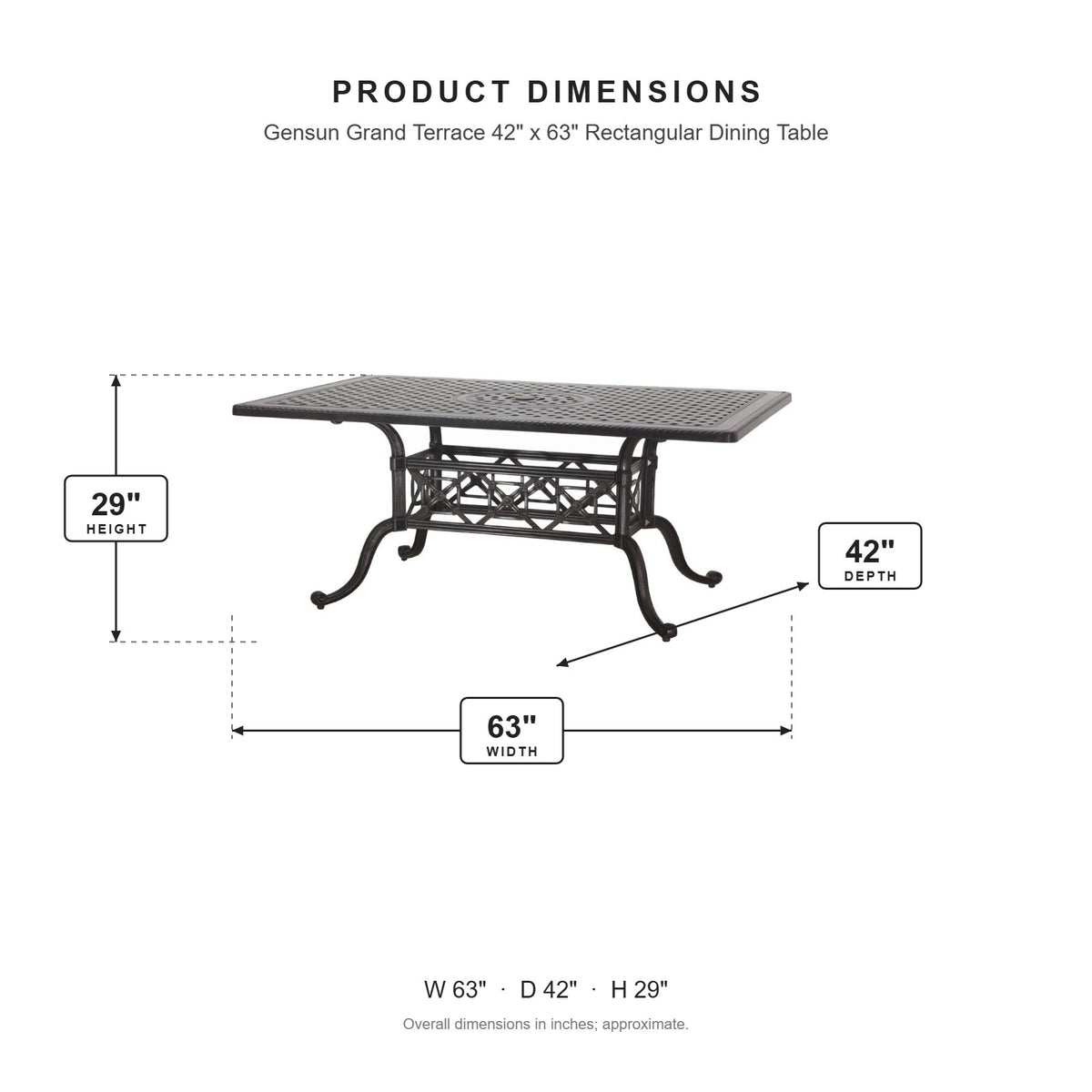 Gensun Grand Terrace 42" x 63" Rectangular Dining Table dimensions: 63 in W x 42 in D x 29 in H