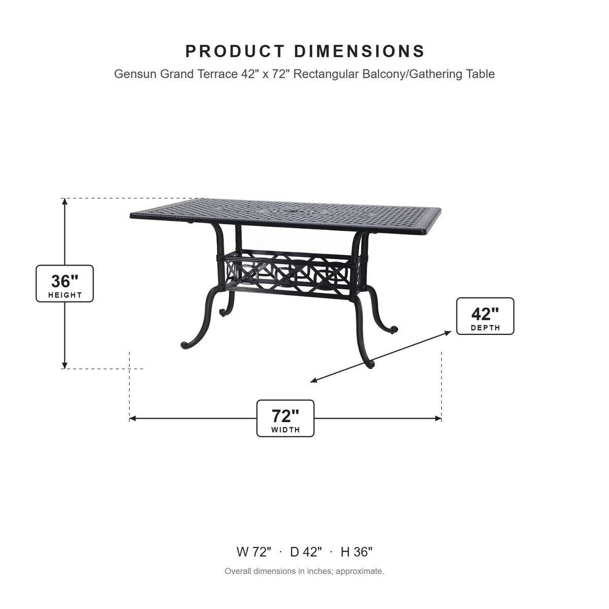 Gensun Grand Terrace 42" x 72" Rectangular Balcony/Gathering Table dimensions: 72 in W x 42 in D x 36 in H