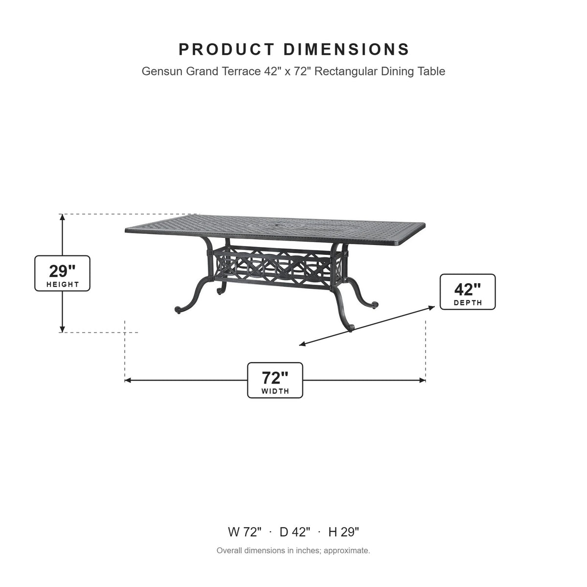 Gensun Grand Terrace 42" x 72" Rectangular Dining Table dimensions: 72 in W x 42 in D x 29 in H