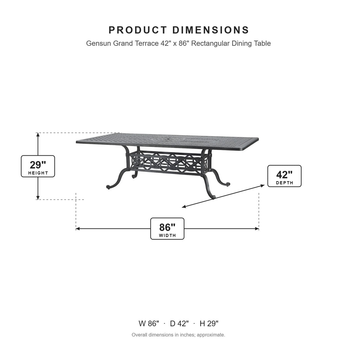 Gensun Grand Terrace 42" x 86" Rectangular Dining Table dimensions: 86 in W x 42 in D x 29 in H