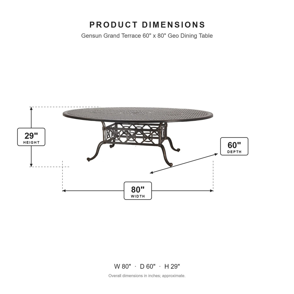 Gensun Grand Terrace 60" x 80" Geo Dining Table dimensions: 80 in W x 60 in D x 29 in H