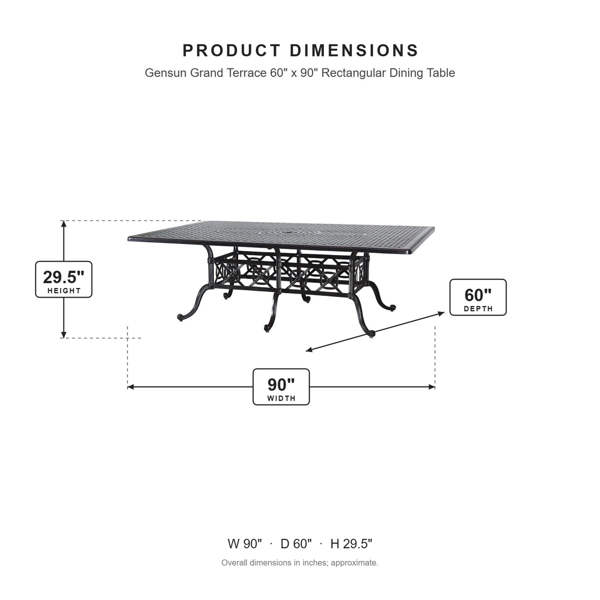 Gensun Grand Terrace 60" x 90" Rectangular Dining Table dimensions: 90 in W x 60 in D x 29.5 in H