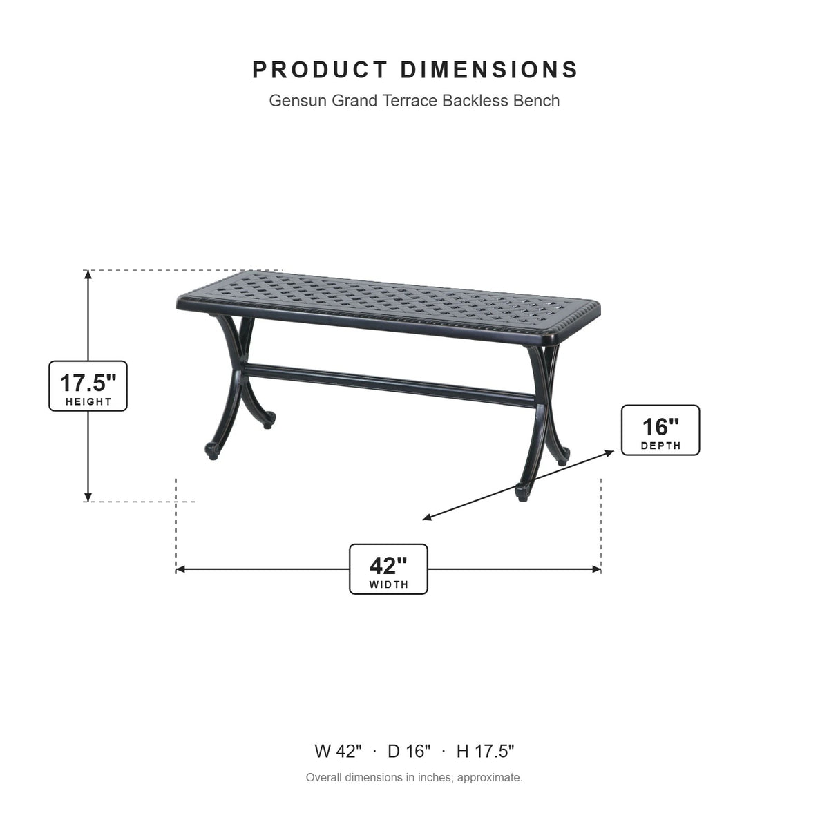 Gensun Grand Terrace Backless Bench dimensions: 42 in W x 16 in D x 17.5 in H