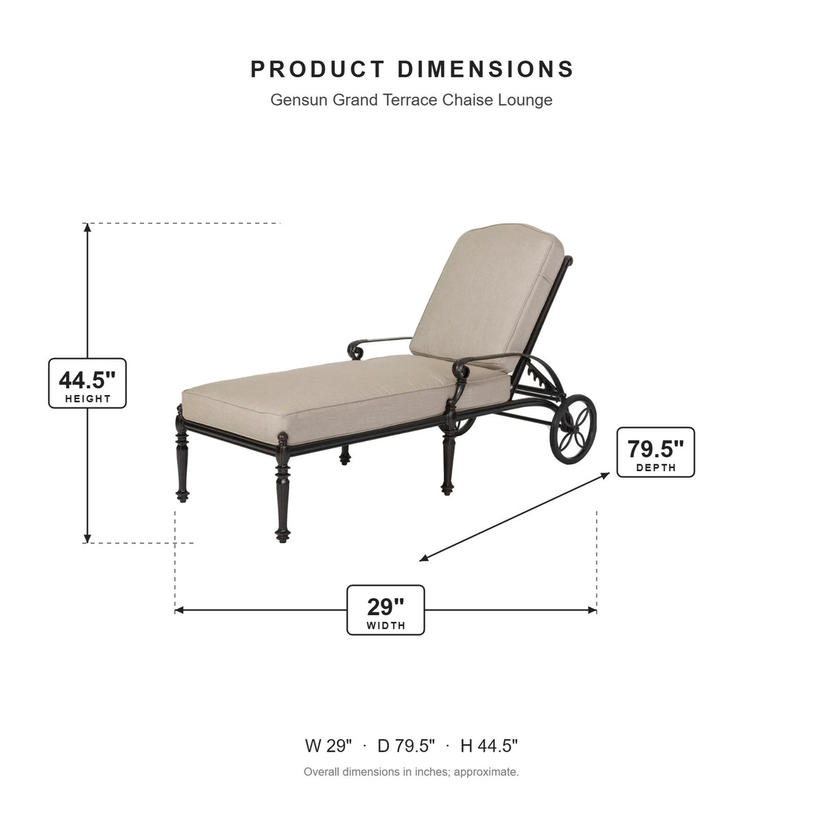 Gensun Grand Terrace Chaise Lounge dimensions: 29 in W x 79.5 in D x 44.5 in H