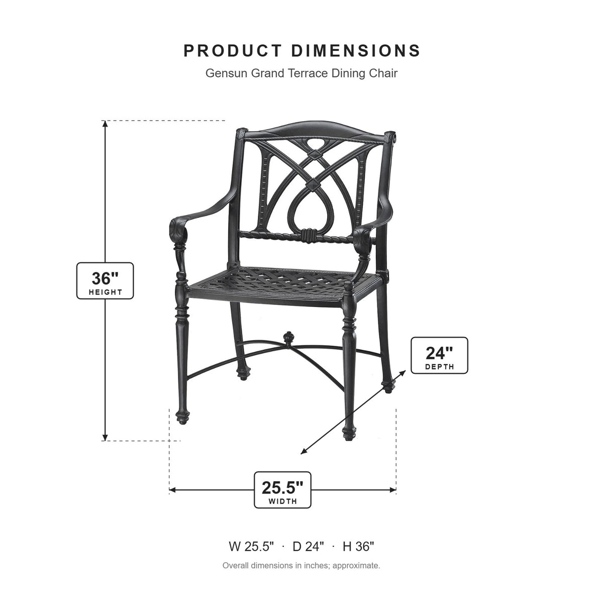 Gensun Grand Terrace Dining Chair dimensions: 25.5 in W x 24 in D x 36 in H