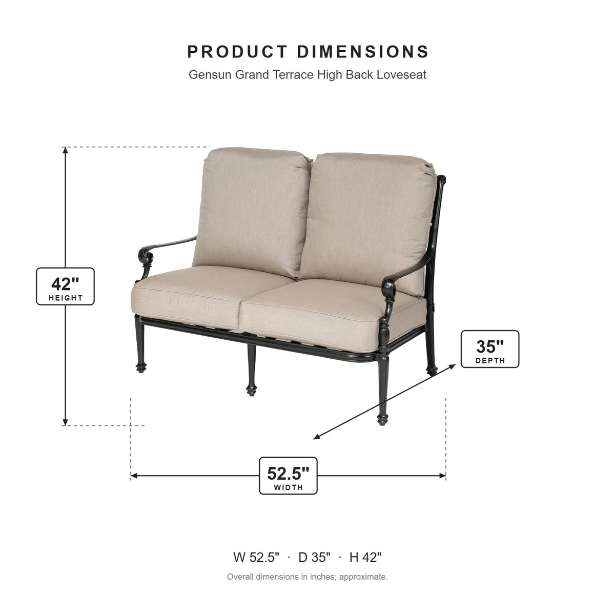 Gensun Grand Terrace High Back Loveseat dimensions: 52.5 in W x 35 in D x 42 in H