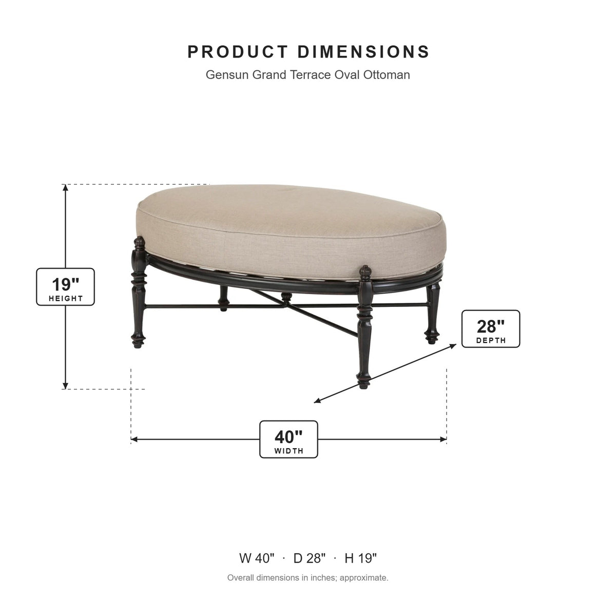 Gensun Grand Terrace Oval Ottoman dimensions: 40 in W x 28 in D x 19 in H